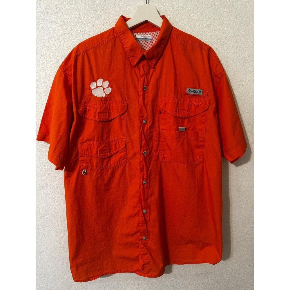 Columbia Clemson Tigers Orange Short Sleeve Button‎ Up Fishing Shirt Men's L/G